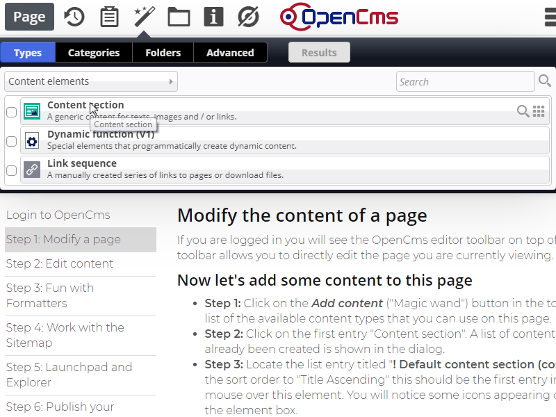 Select 'Content Section' (c) CC BY-NC-SA / Alkacon Software - http://alkacon.com Select 'Content Section'
