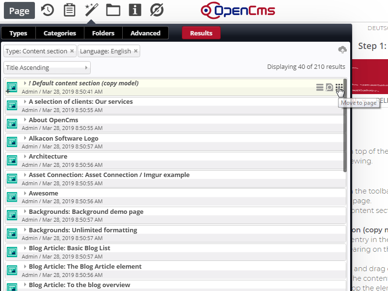 Select 'Move to page' (c) CC BY-NC-SA / Alkacon Software - http://alkacon.com Select 'Move to page'